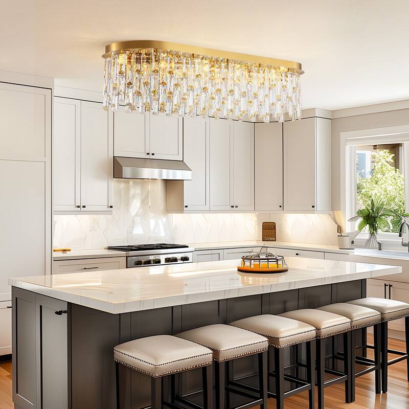 39.3 in. Brass Modern Luxury Crystal Chandelier Rectangular Flush Mount Ceiling Light for Dining Room Living Room