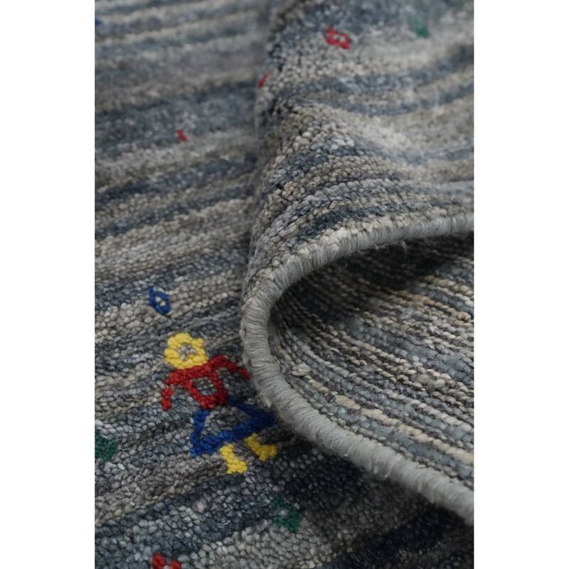 Hand Knotted Oriental Viscose Silk Carpet Tribal Animal Pictorial Greys & Charcoal Gabbeh Runner Rug - 11' 7'' X 2' 6''