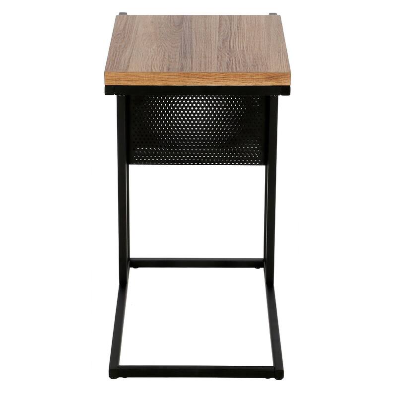 Brown Wood C Table with Black Steel Base and Magazine Rack Storage - 12” x 20” x 22” (D x W x H)