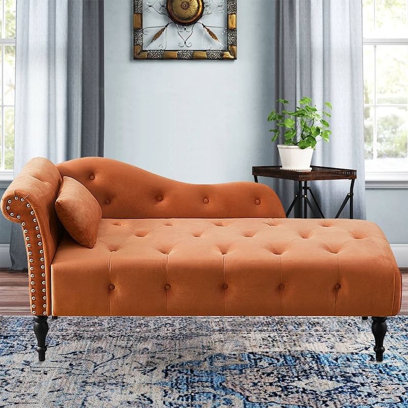 60"W Velvet Chaise Lounge, Tufted with Pillow & Nailhead Decorate - 60.6W" x 27.5D" x 28.3"H