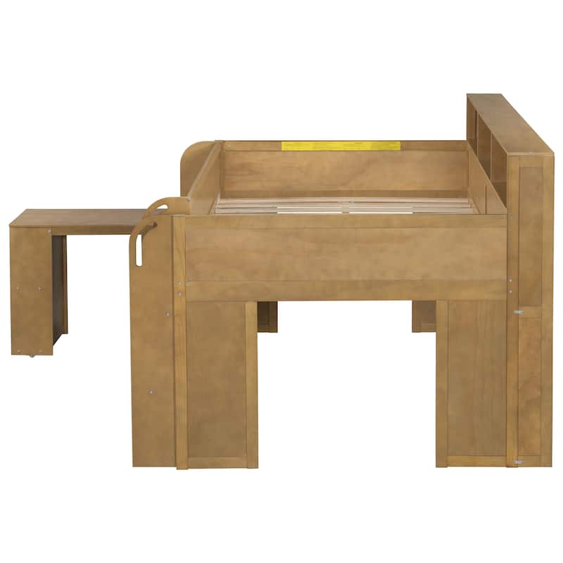 Full Size Wood Kids Loft Bed Frame with Pull-out Desk, Multiple Storage Bookshelf Built-in LED