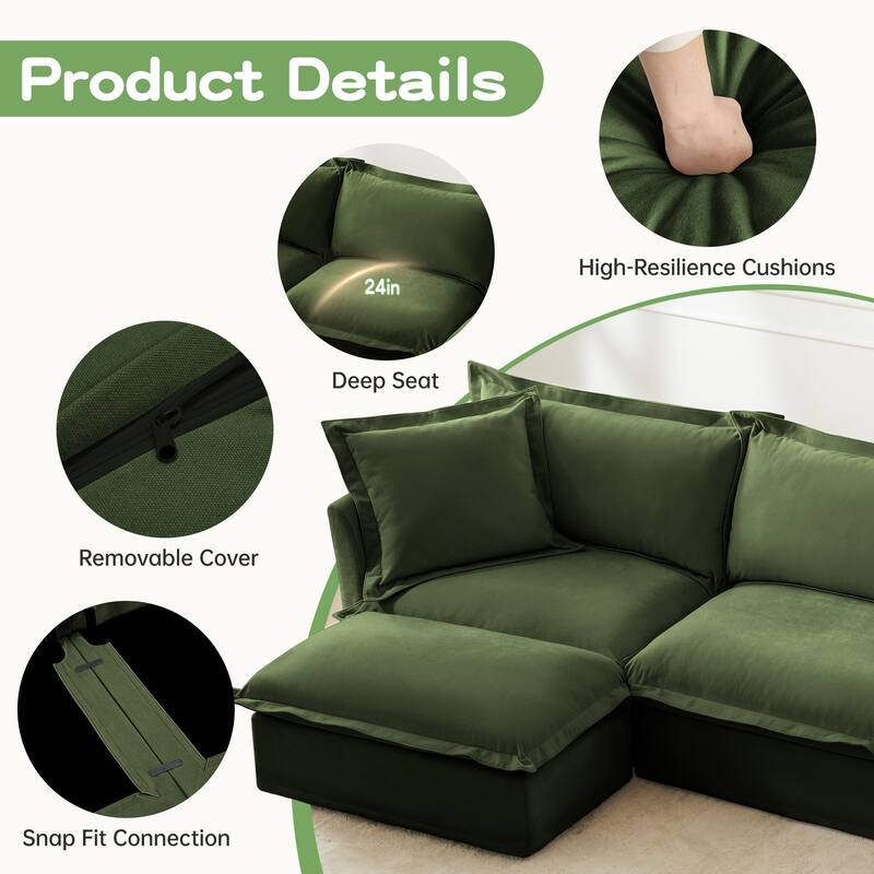 120" Oversized Sectional Sofa Couch w/ Removable Ottoman & 2 Pillows