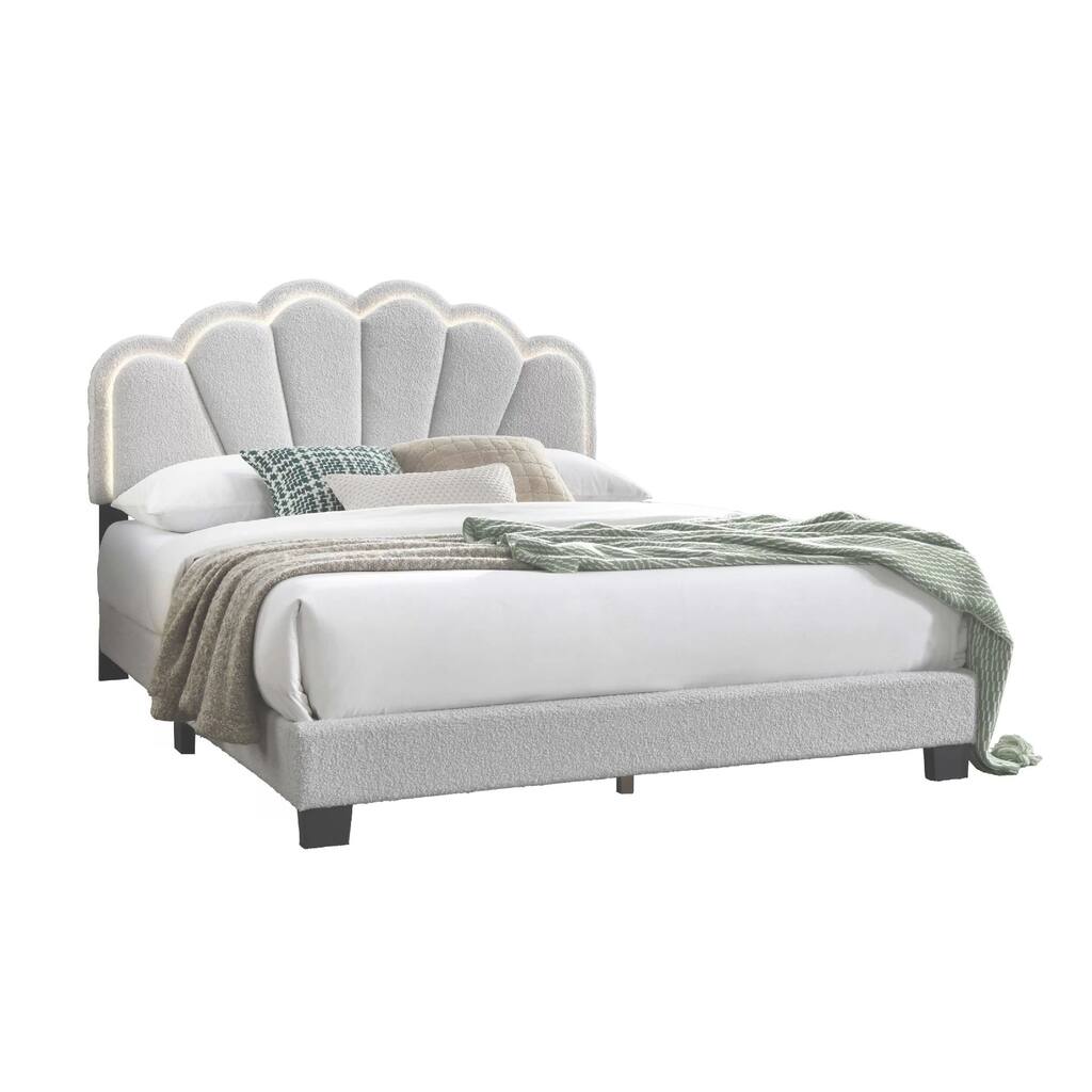 Madsy Full Bed, White Upholstered Fan-Shaped Headboard, Metallic Accents