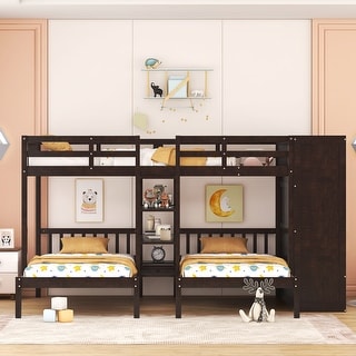 Minimalist Design Full-Over-Twin-Twin Bunk Bed with 3 drawers,Shelves, Wardrobe and Mirror,Store Books,Display Decorations