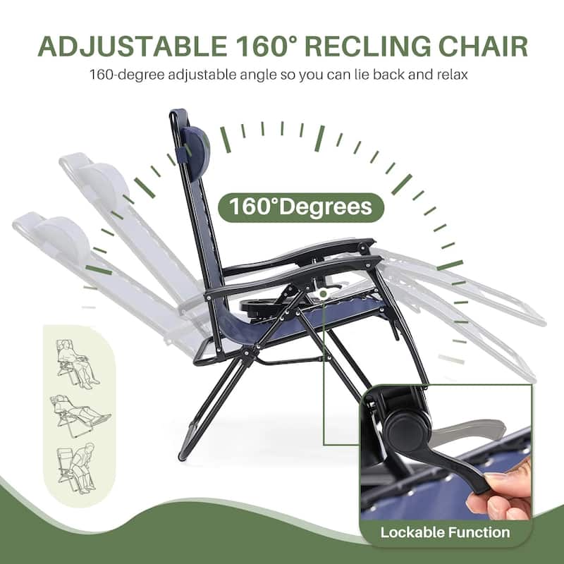 Set of 2 Folding Reclining Lounge Chair, Outdoor Zero Gravity Recliner W/Side Tray & Detachable Headrest Pillow