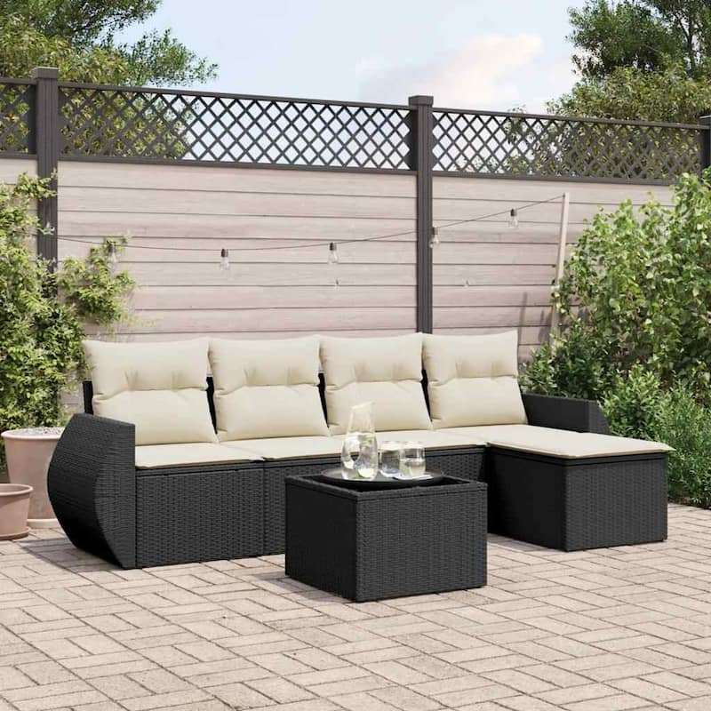 vidaXL Patio Sofa Set with Cushions Outdoor Conversation Furniture Poly Rattan - 21.7 x 21.7 x 14.6 - Black and cream Large With table