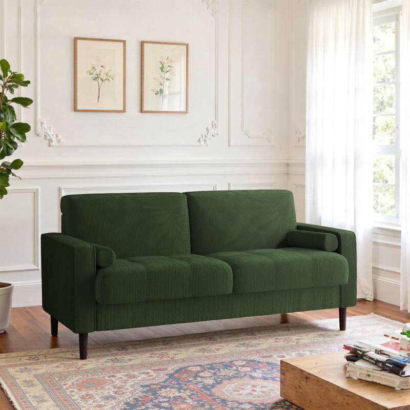 Modern Corduroy Upholstered Loveseat with Bolster Pillows and Wood Legs - Green