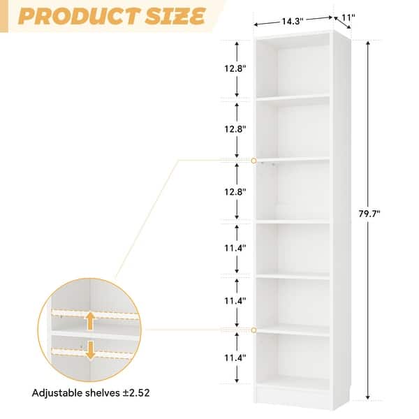 dimension image slide 1 of 6, 80" Tall 6-Tier Bookcase With 2 Adjustable Shelves, Modern Open Storage Shelf for Home Office and Bedroom
