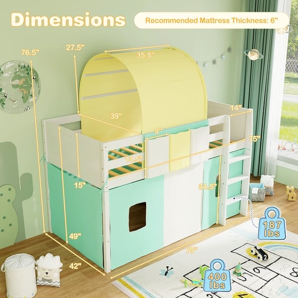 dimension image slide 0 of 2, Twin Size Loft Bed Playhouse Bed Frame with Tower Tent and 3 Storage Pockets