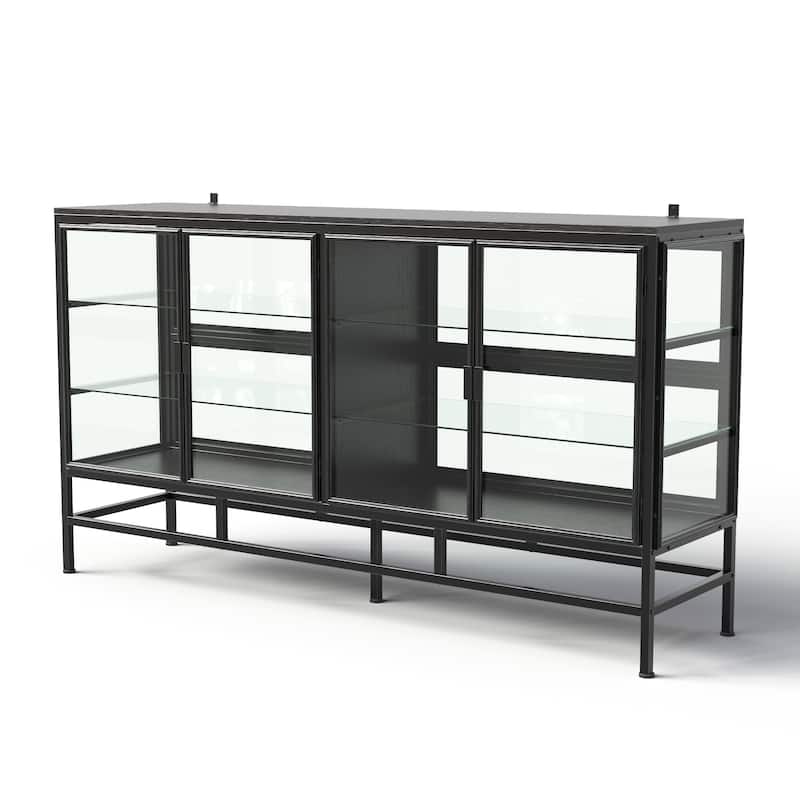63" Industrial Glass Display Cabinet with LED Lights, 4-Door Metal & Wood Curio Sideboard for Living Room