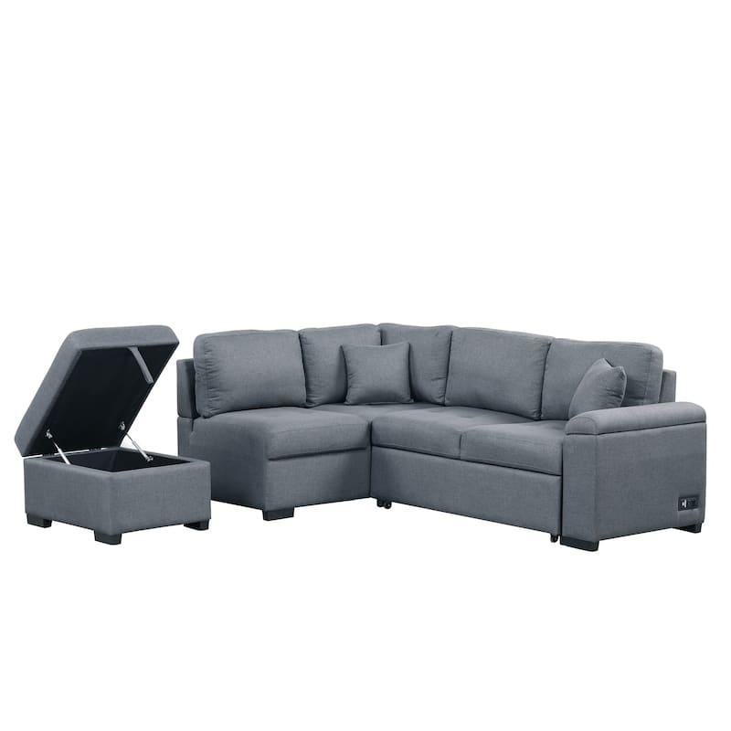 Corner Sleeper Sectional Sofa with Storage Ottoman & USB