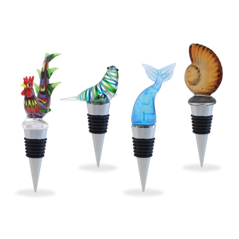 Cheers Rooster, Sea Shell, Mermaid Tail, Seal Glass Wine Stopper, 4 Pc - 2.5 Lx1.25 Wx4 H inches