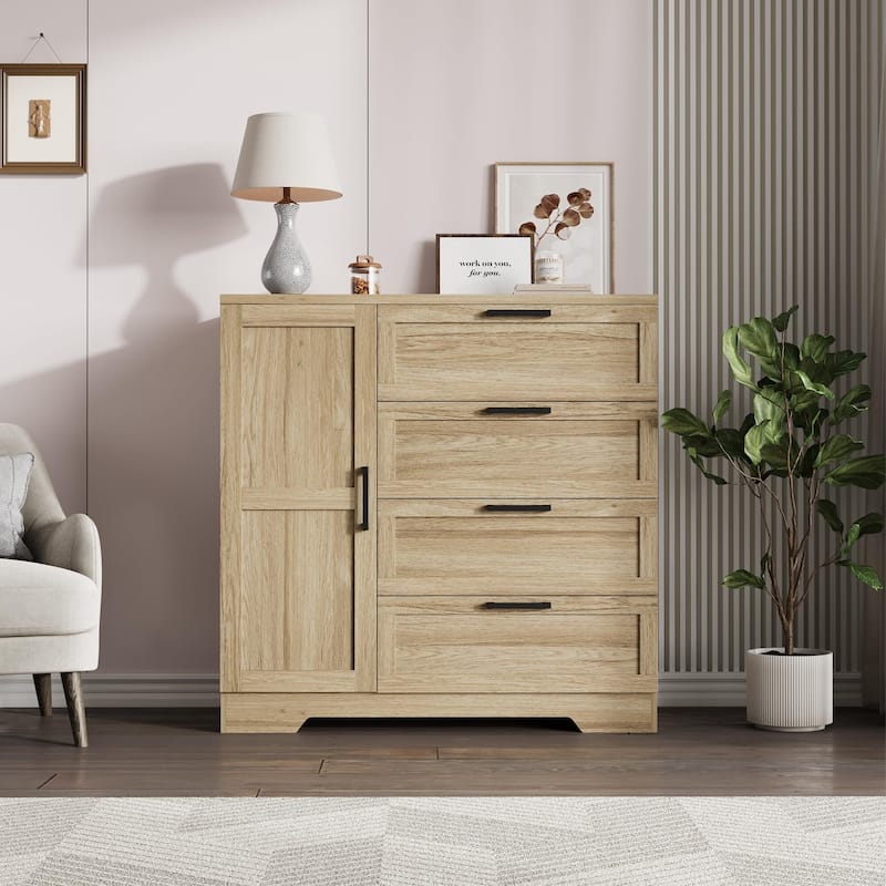 Wood Armoire Wardrobe Closet with 4 Drawers and Door, 43.3" H Bedroom Wardrobe Cabinet with Hanging Rod