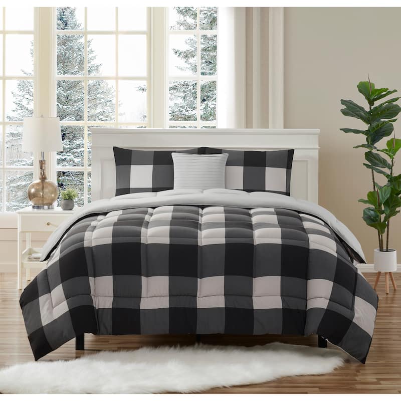 Sweet Home Collection 4 Piece Buffalo Check Comforter Set (Black and Grey)