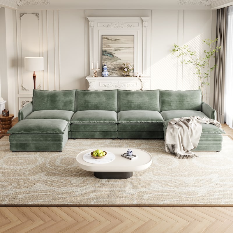 Oversized Modular U-shaped Sectional Sofa Deep Seat Couch Set with 4 Seater and 2 Ottomans Corduroy Upholstered Sofa with Chaise