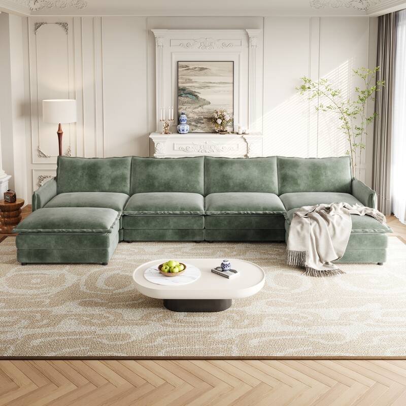U Shaped Deep Seat Cloud Couch Oversized Corduroy Upholstered Modular Sectional Sofa Couch with 2 Movable Ottomans