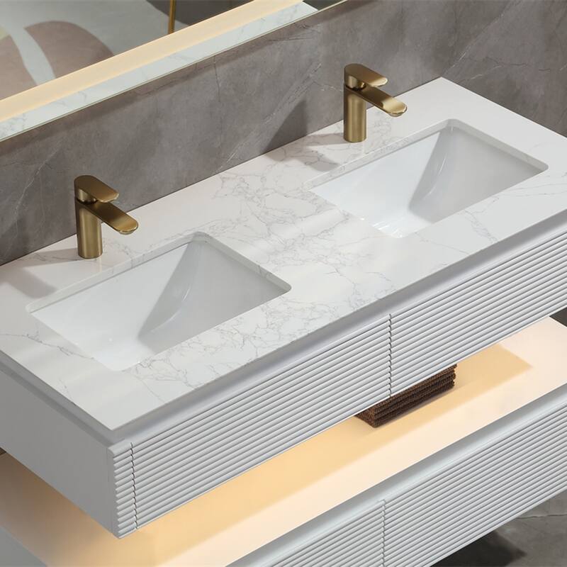 48 Inch Solid Wood Wall-Mounted Bathroom Vanity Set in Green/ White with Engineered Stone Top and Ceramic Sink
