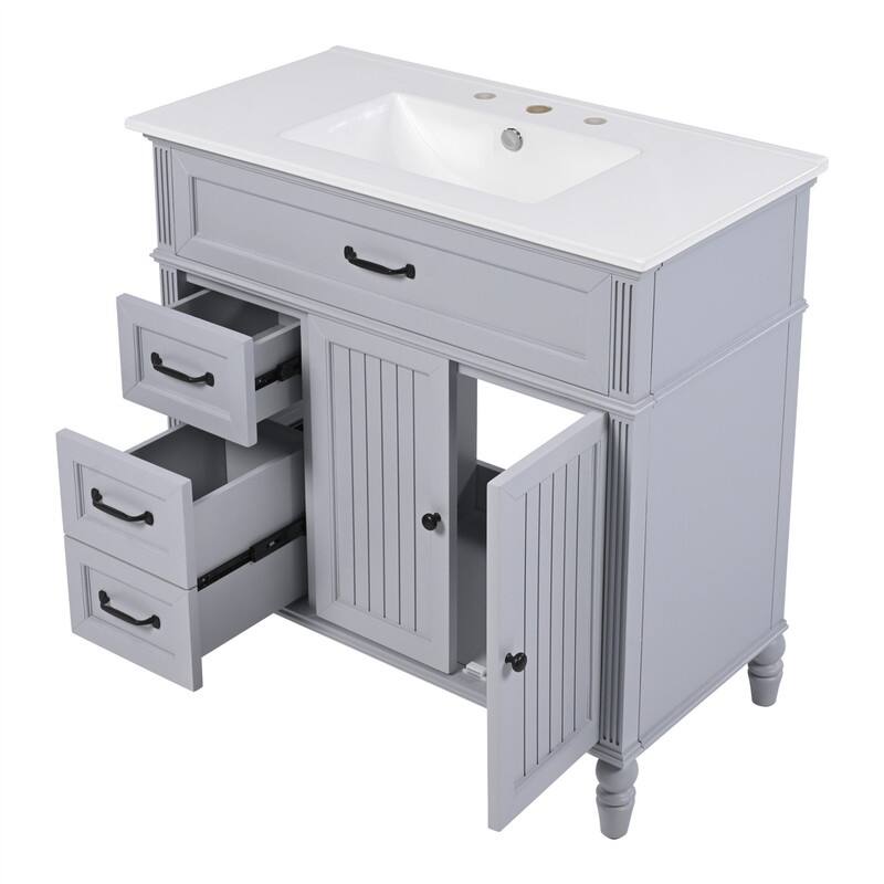 36" Bathroom Vanity with Ceramic Sink Top, Freestanding Bathroom Vanity Cabinet with 2 Doors and 2 Storage Drawers