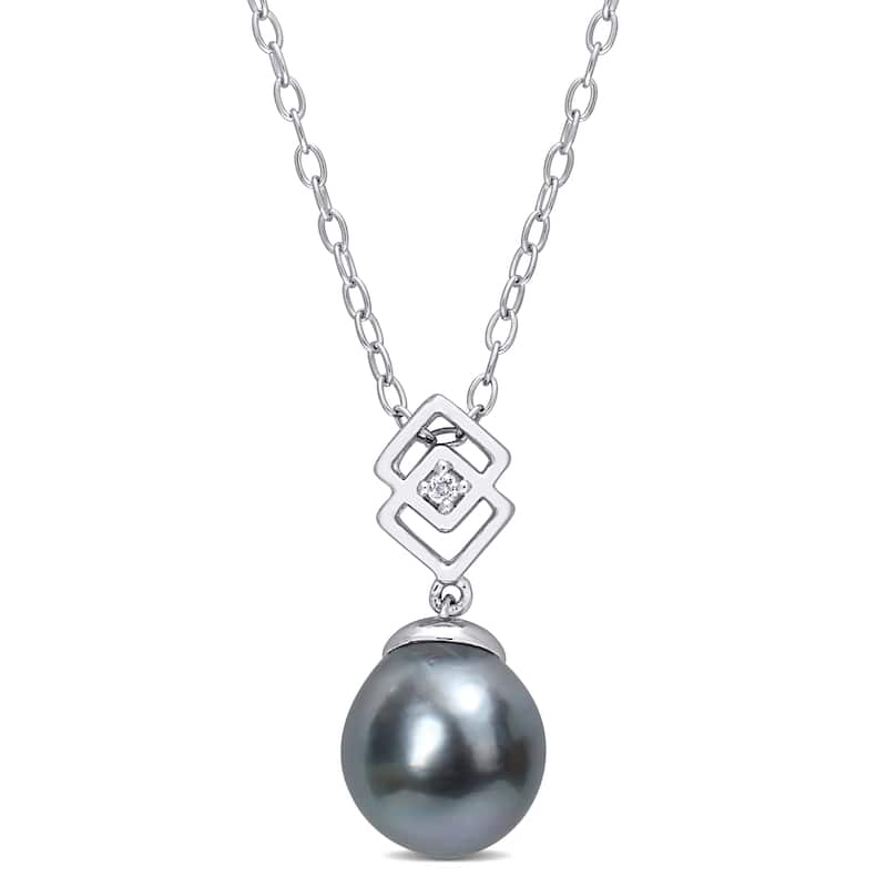 Miadora 8-9mm Black Tahitian Cultured Pearl and White Topaz Lozenge Drop Sterling Silver