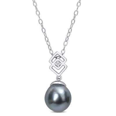 Miadora 8-9mm Black Tahitian Cultured Pearl and White Topaz Lozenge Drop Sterling Silver