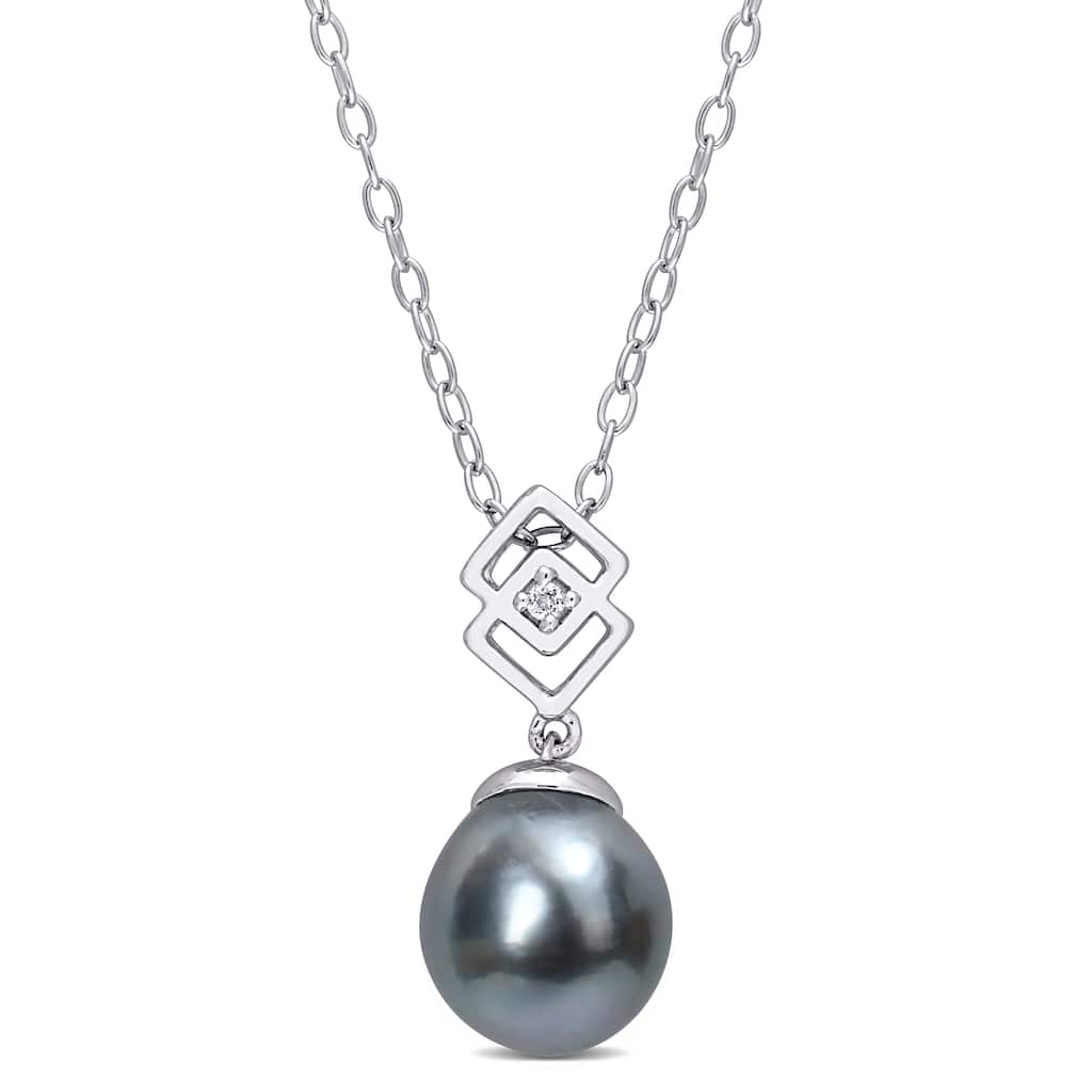 Miadora 8-9mm Black Tahitian Cultured Pearl and White Topaz Lozenge Drop Sterling Silver