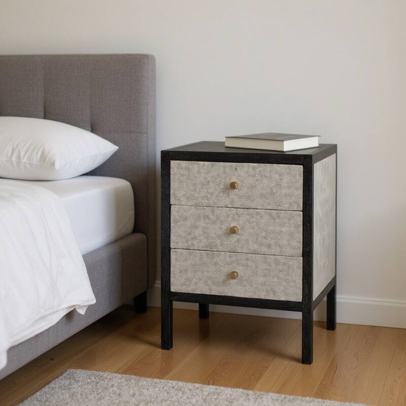 HomeRoots 24" Gray And Black Solid Wood And Faux Shagreen Three Drawer Nightstand - Gray - 3-drawer
