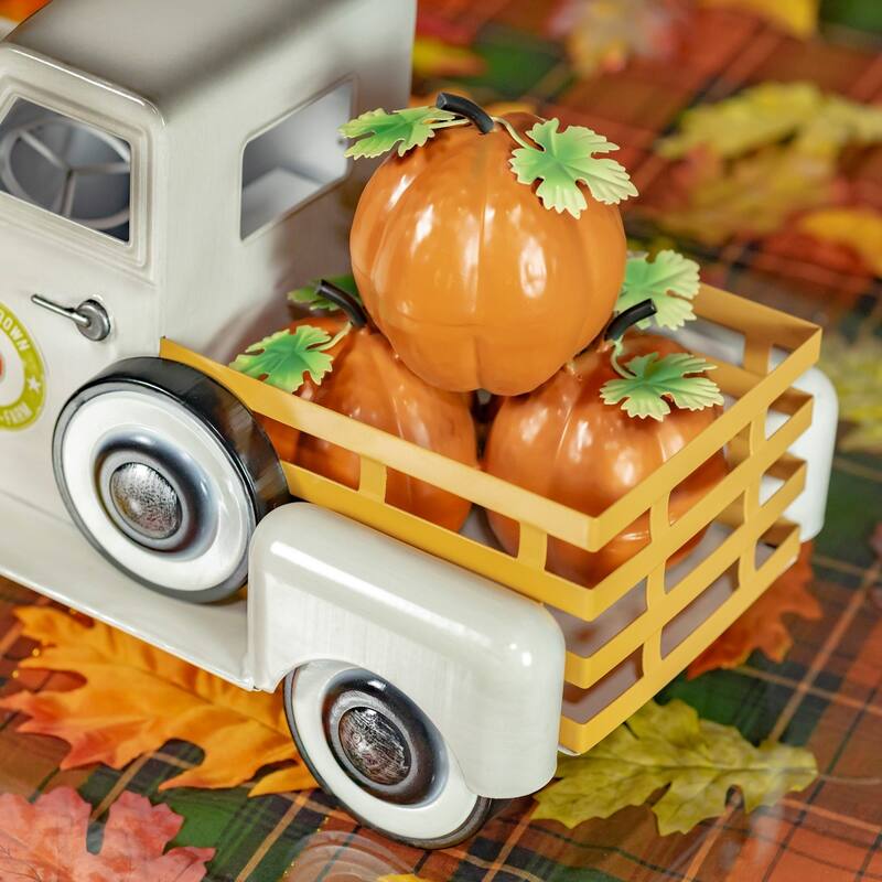 Country Style Metal Truck with Pumpkins in Antique White - 18" L x 8.6" W x 10" H