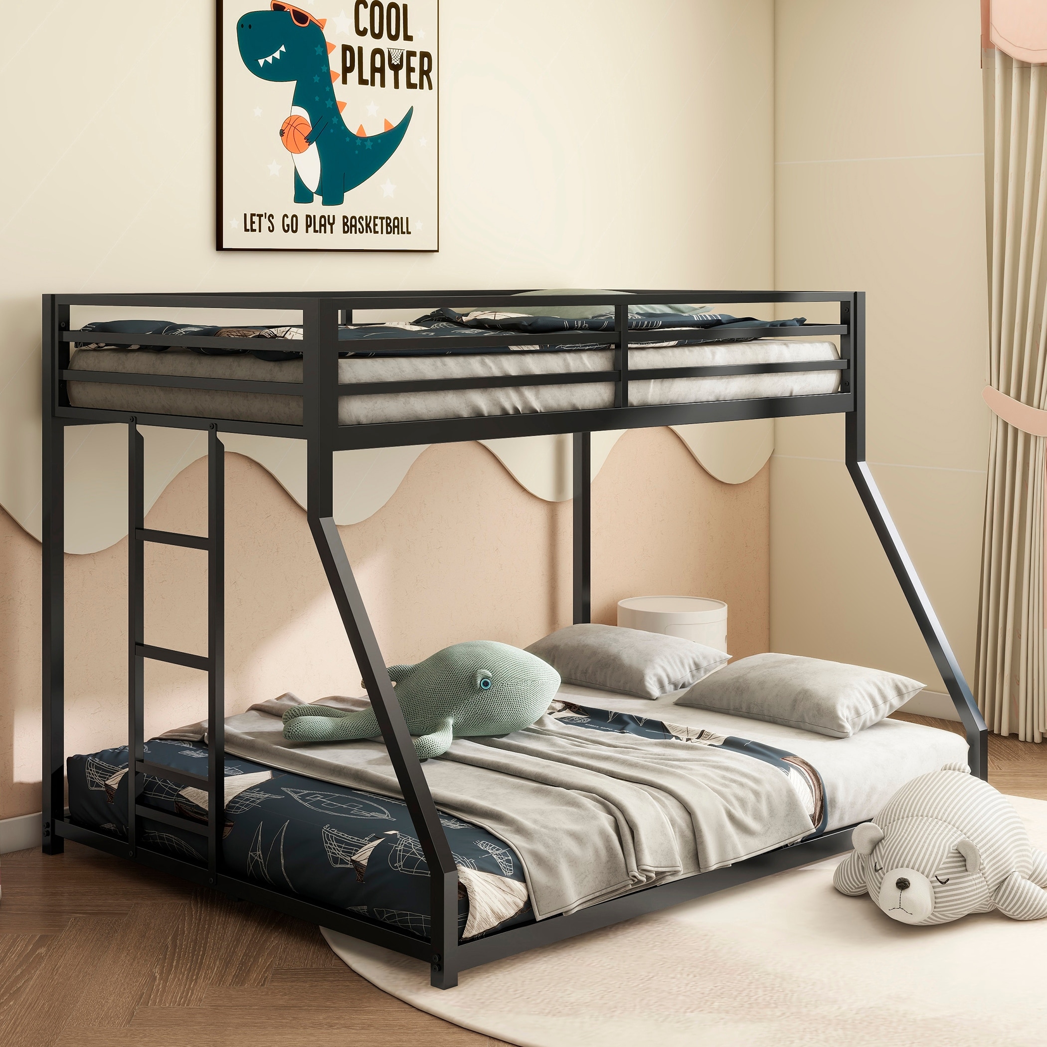Anmytek Twin Over Full Bunk Bed Metal Black Low Profile With Ladder Guardrails For Kids Adults Bedroom