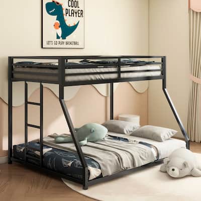 Sturdy Twin over Full Bunk Bed Metal Black for Kids and Adult Low Profile Twin over Full Bunk Bed with Ladder and Guardrails