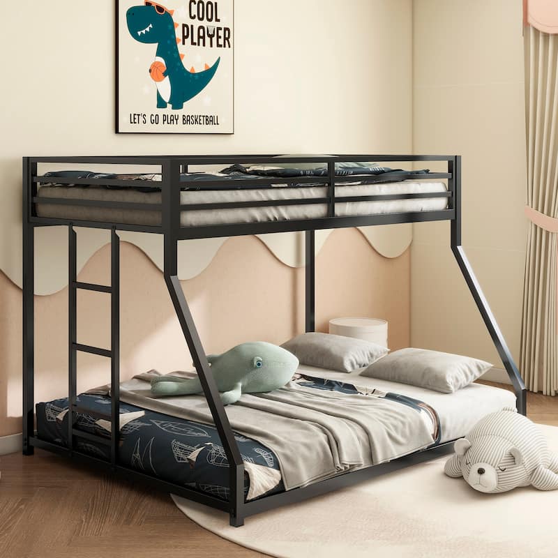 Sturdy Twin over Full Metal Bunk Bed with Ladder and Guardrails for Kids and Adults - Black