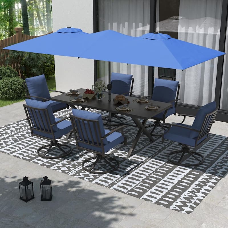 Kullavik 8 Pieces Outdoor Dining Set with 6 Swivel Chairs, X-Leg Table and Double-Sided Umbrella