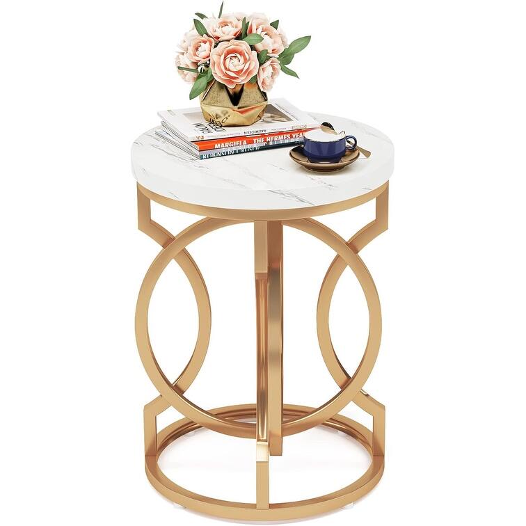 20"Round End Table with Faux Marble Top, Modern Accent Side Table with Gold O-Shaped Base, Nightstand for Living Room & Bedroom