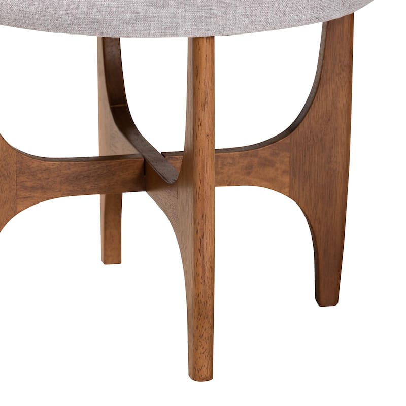 Theo Japandi Greyish Beige Fabric and Walnut Brown Finished Wood Ottoman Footstool
