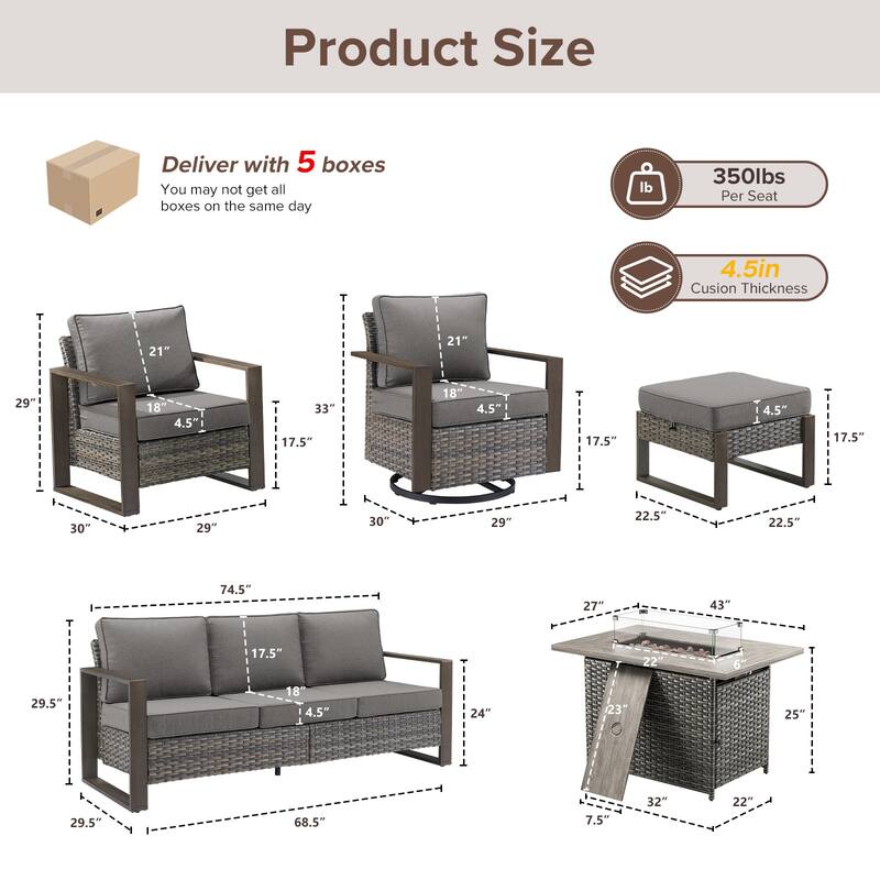 Meyreso Wicker Outdoor Patio Fire Pit Set with Swivel Gliders and Olefin Cushions