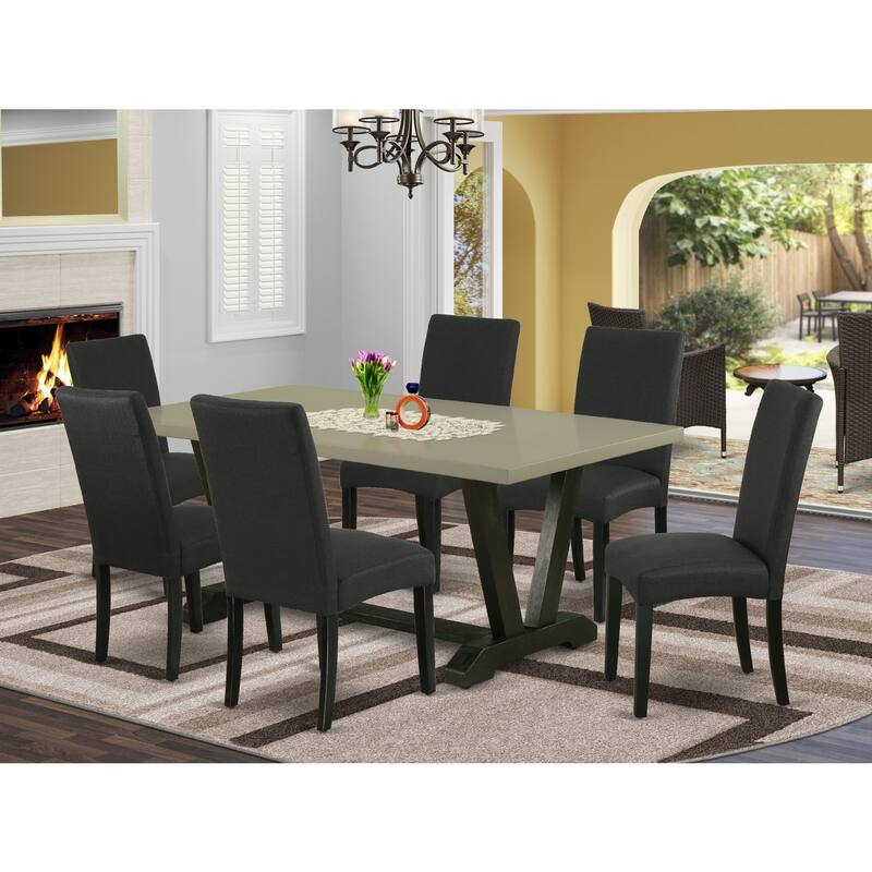 Modern Dining Set 7 Piece - Rectangle Table with 6 Parsons Chairs - Linen Fabric - 40x72 Inch - 72