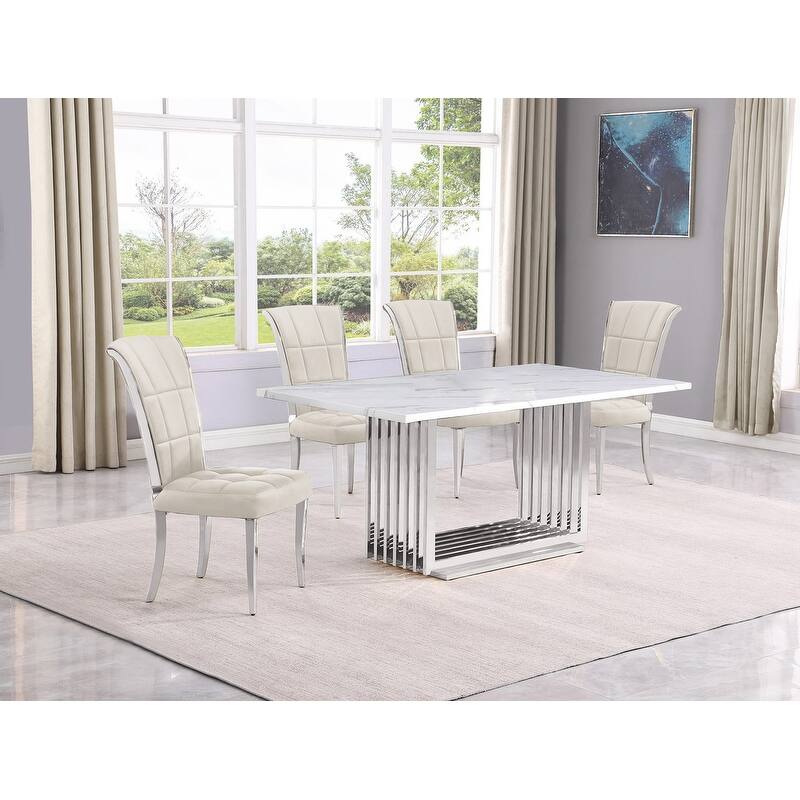 Best Quality Furniture D310/1-SC320-7 Dining Set with 68" White Marble Top - 5-Piece - Cream / Silver