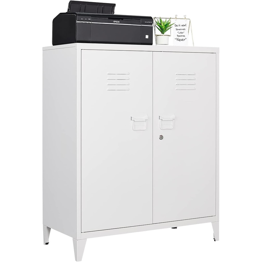 White Metal Storage Cabinet with Adjustable Shelves and Locking Doors for Home and Office Use