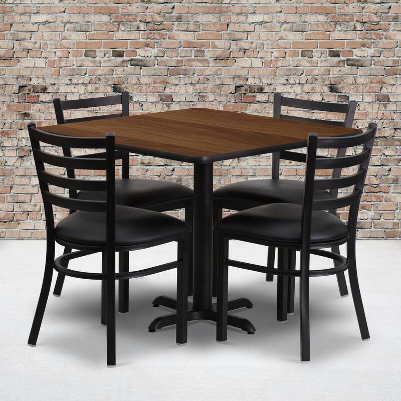 36'' Square Laminate Table Set with X-Base and 4 Ladder Back Metal Chairs