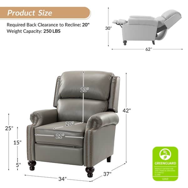 dimension image slide 2 of 10, HULALA HOME Gabriela Mid-Century Modern Genuine Leather Recliner with Tapered Block Solid Wood Feet