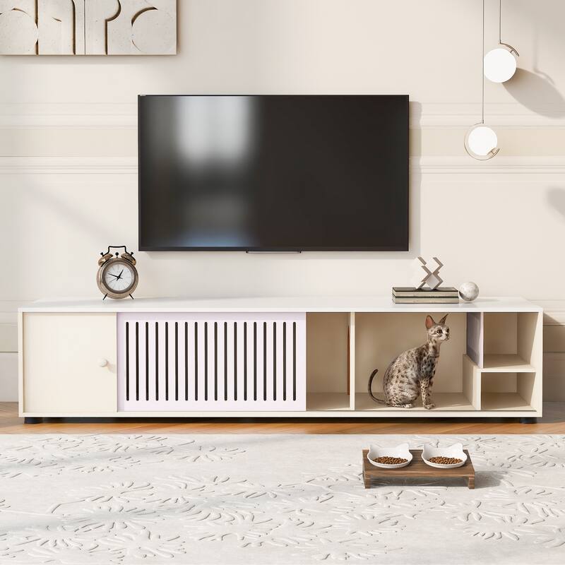 Wood Media Console with Removable Sliding Door, TV Stand with Slatted Doors, Cat-Friendly Compartments