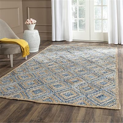 Jute Denim Area Rug 6x6 Geometric Braided Rug Natural Blue Floor Rug - 72 x 72