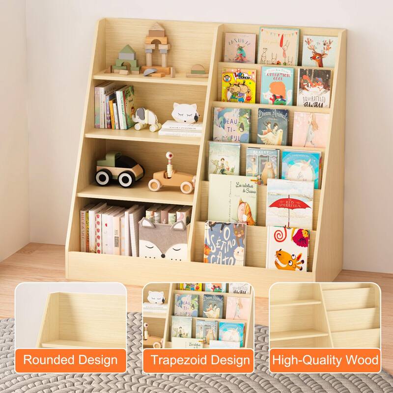 Kids Bookshelf and Toy Storage Organizer, Multifunctional 4 Tier Wooden Kids Book Shelf with Bookcase Display Stand