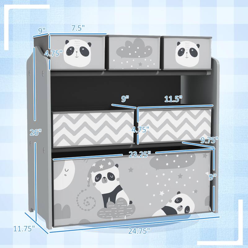6-Bin Grey MDF Toy Storage Organizer Shelf with Teddy Design for Kids Books and Clothes - 24.75" L x 11.75" W x 26" H