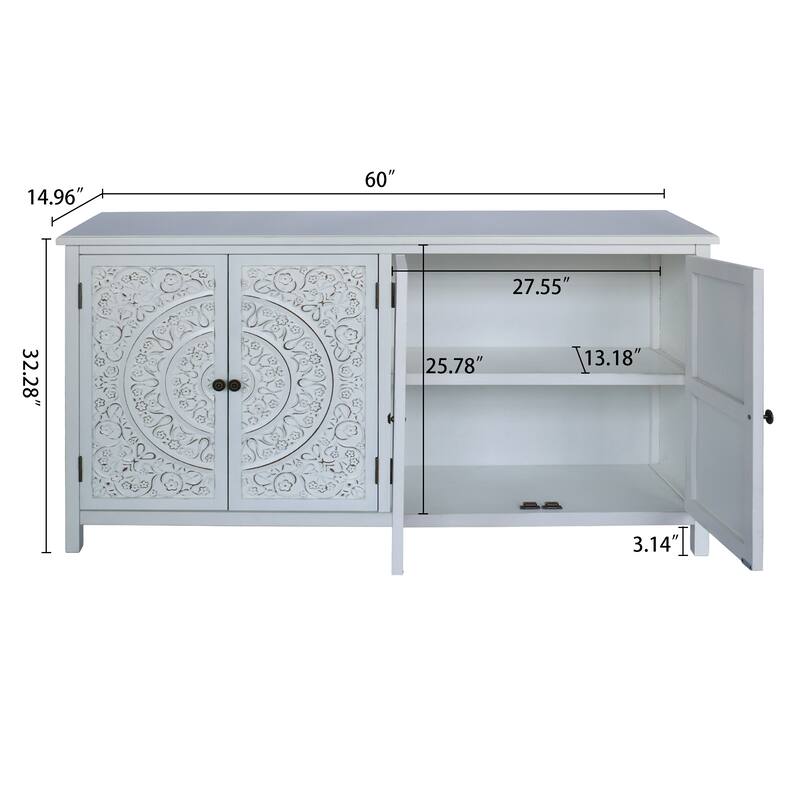 60" White Accent Sideboard Buffet Cabinet with 4 Doors, Rustic Wood Pantry Storage Cabinet for Entryway, Dining Room, Kitchen