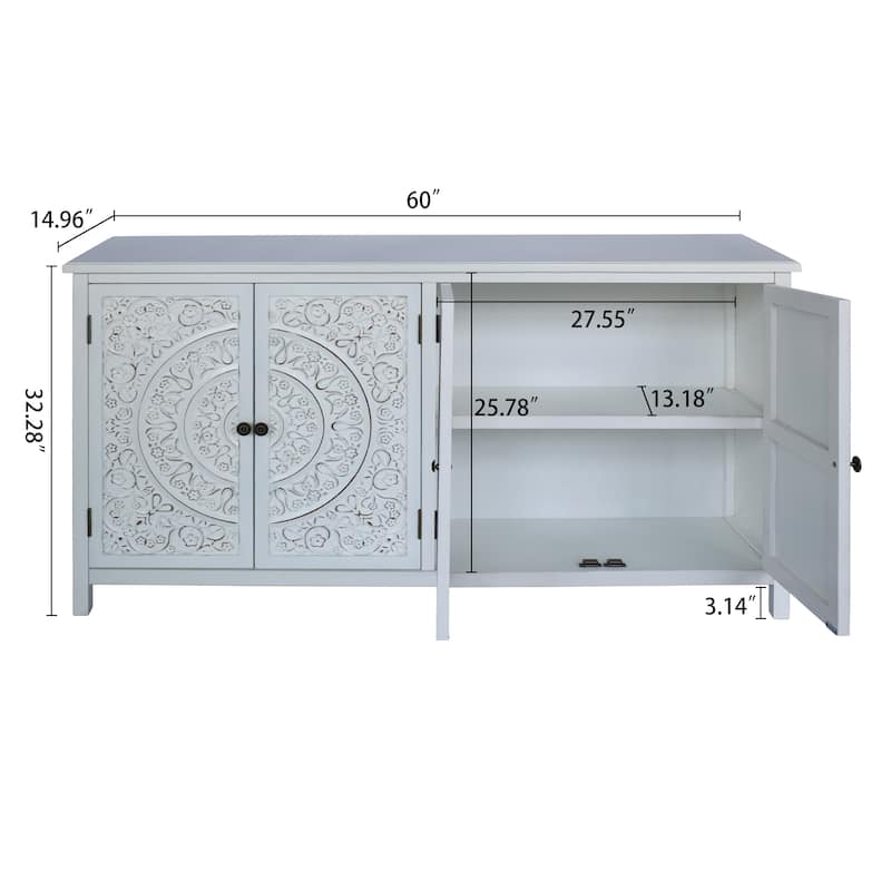 60"White Accent Cabinet with 4 Doors, Rustic Wood Sideboard Pantry Cabinet - Versatile Buffet Cabinet with Storage