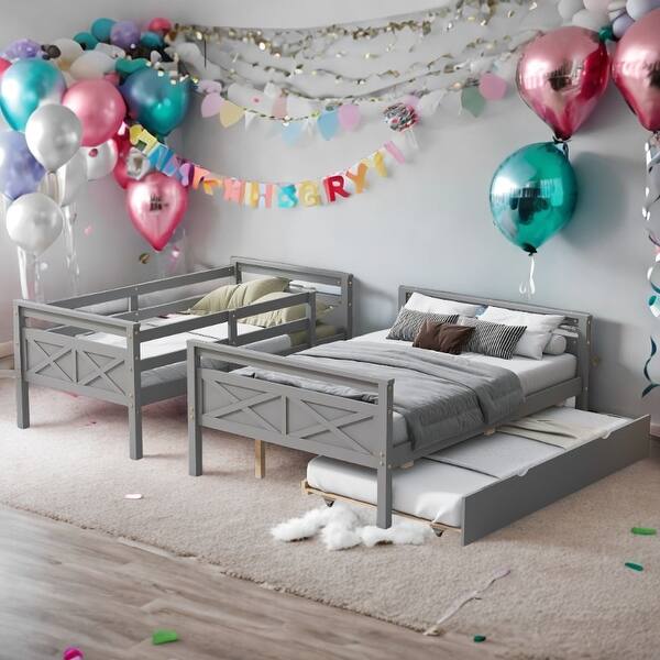 slide 2 of 17, Twin over Full Bunk Bed with Ladder, Twin Size Trundle, Safety Guardrail Grey