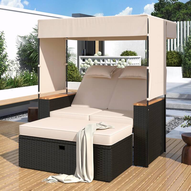 Outdoor Rattan Daybed Set - 5-Position Adjustable Loveseat with Roof and Cushions - Beige
