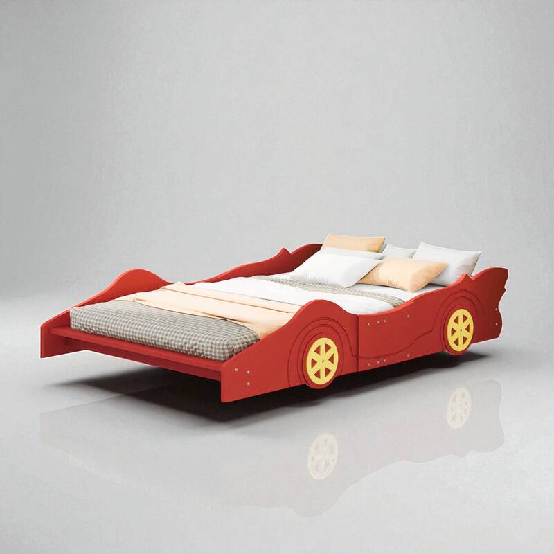 Twin/Full Size Race Car Platform Bed for Kids with Wheels and Side Rails, No Box Spring Needed - Red - Full