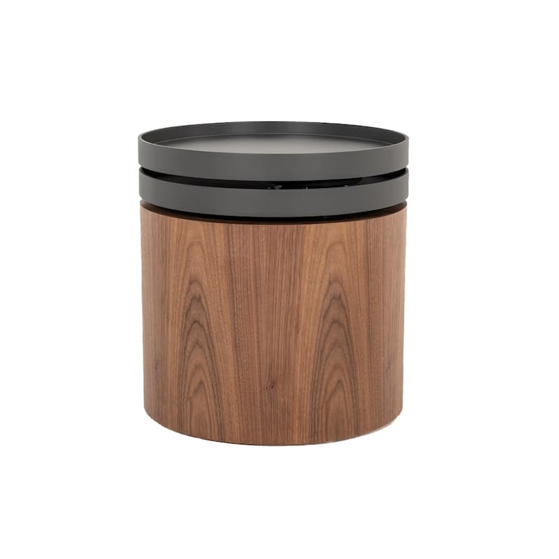 Cylindrical Wooden End Table with Swivel Tray Top, Brown and Black