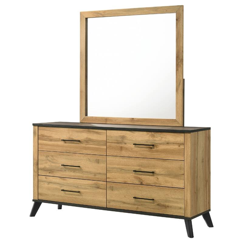 Wemy Wide Dresser with Matching Mirror, 6 Drawers, Brown Wood